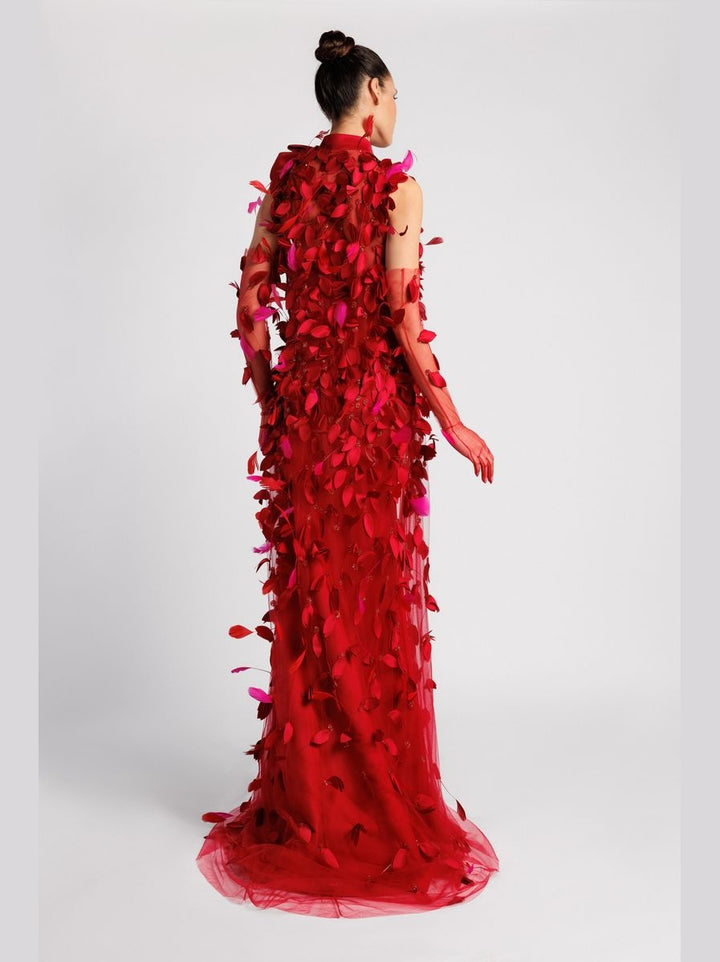 Strapless Mermaid Evening Dress with Draped Petal Kaftan and Tulle Gloves
