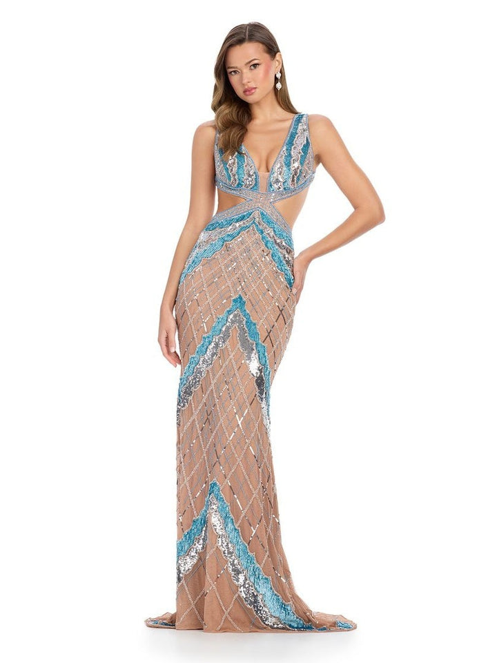 Fully Beaded Gown with V-Neckline & Lace Up Back