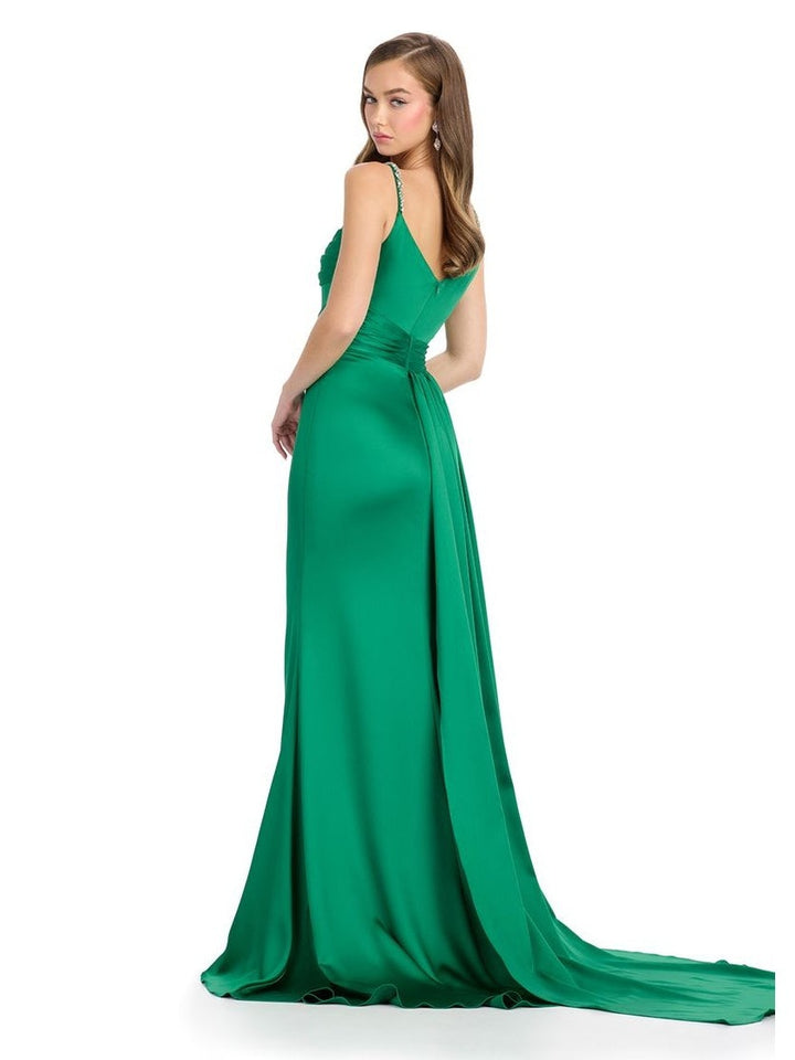 Asymmetrical Satin Gown with Beaded Details