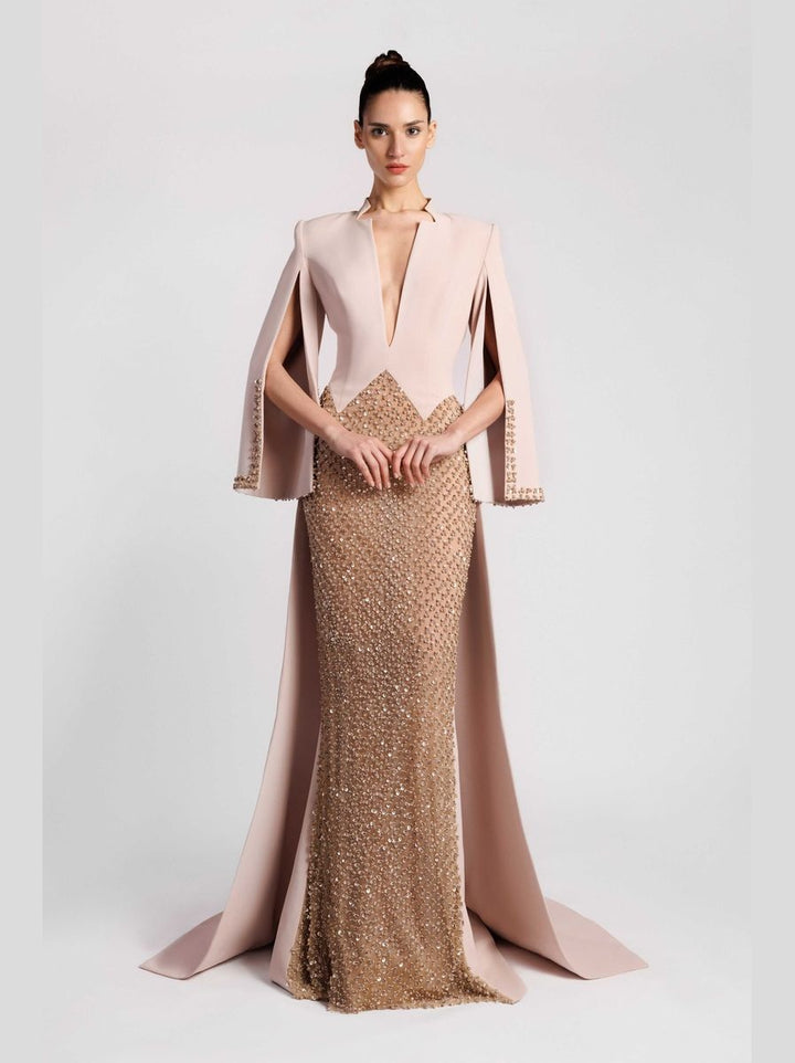 Embroidered Skirt Evening Dress with Cape Sleeves