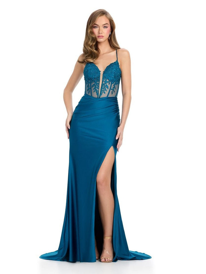 Jersey Gown with Corset Bustier & Floral Applique