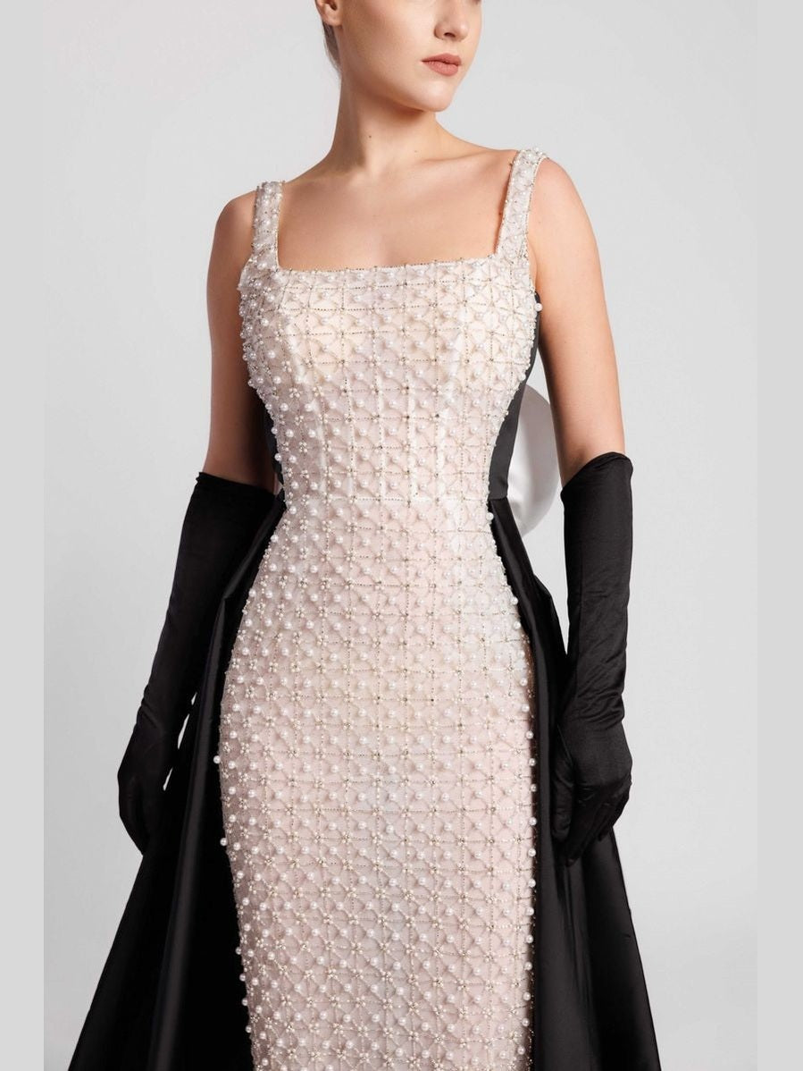 Pearl-Embroidered Column Evening Dress with Overskirt and Gloves