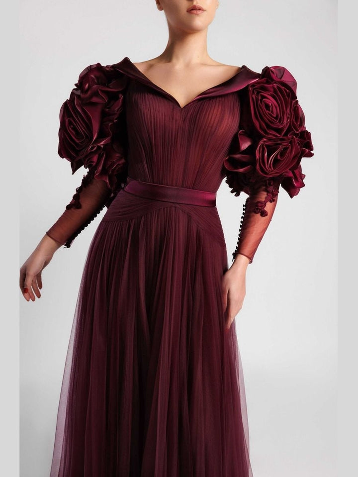 A-Line Evening Dress with Flower Sleeves and Pleated Skirt