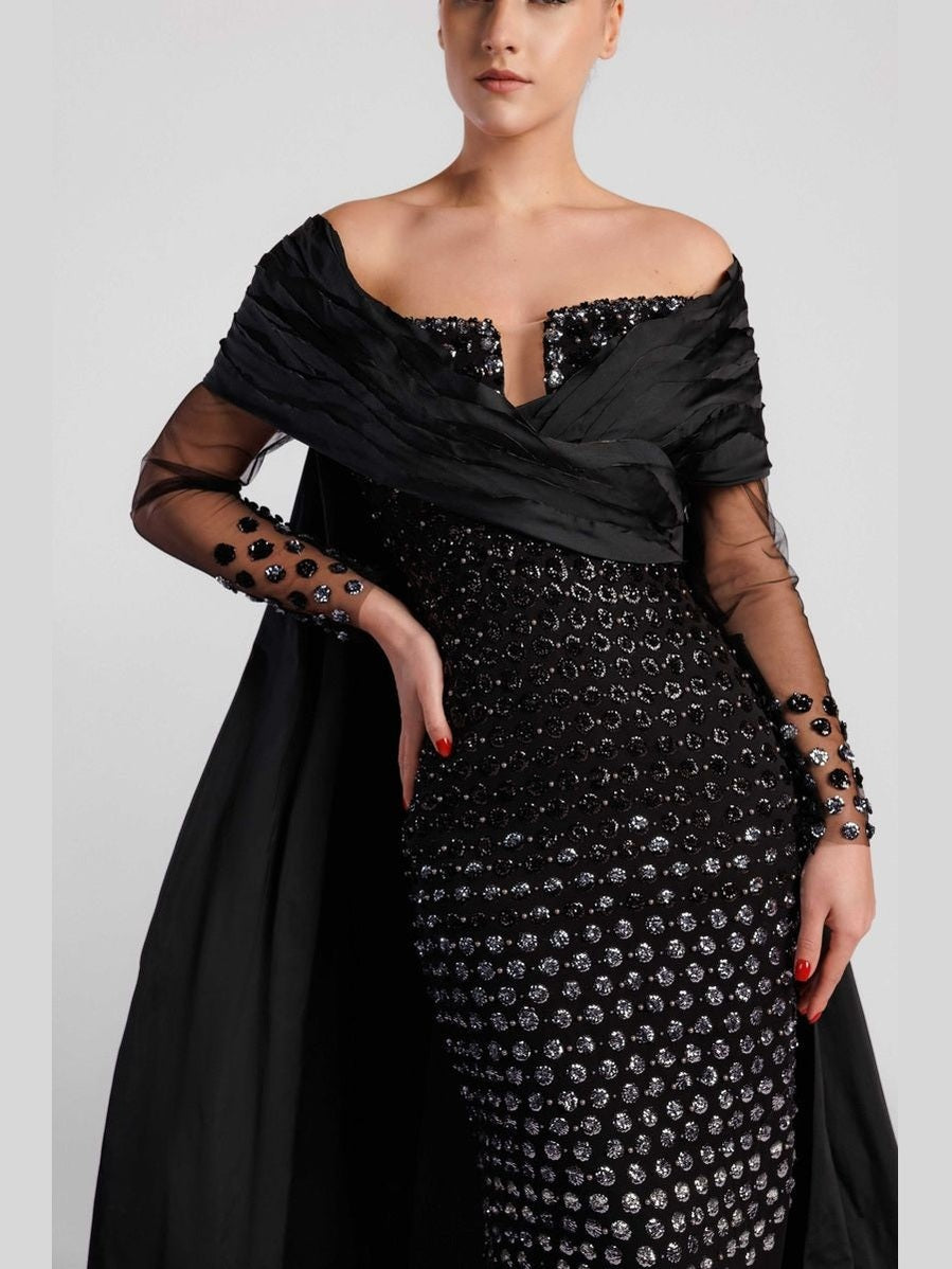 Off-the-Shoulder Evening Dress with Sequin-Embroidered Sleeves