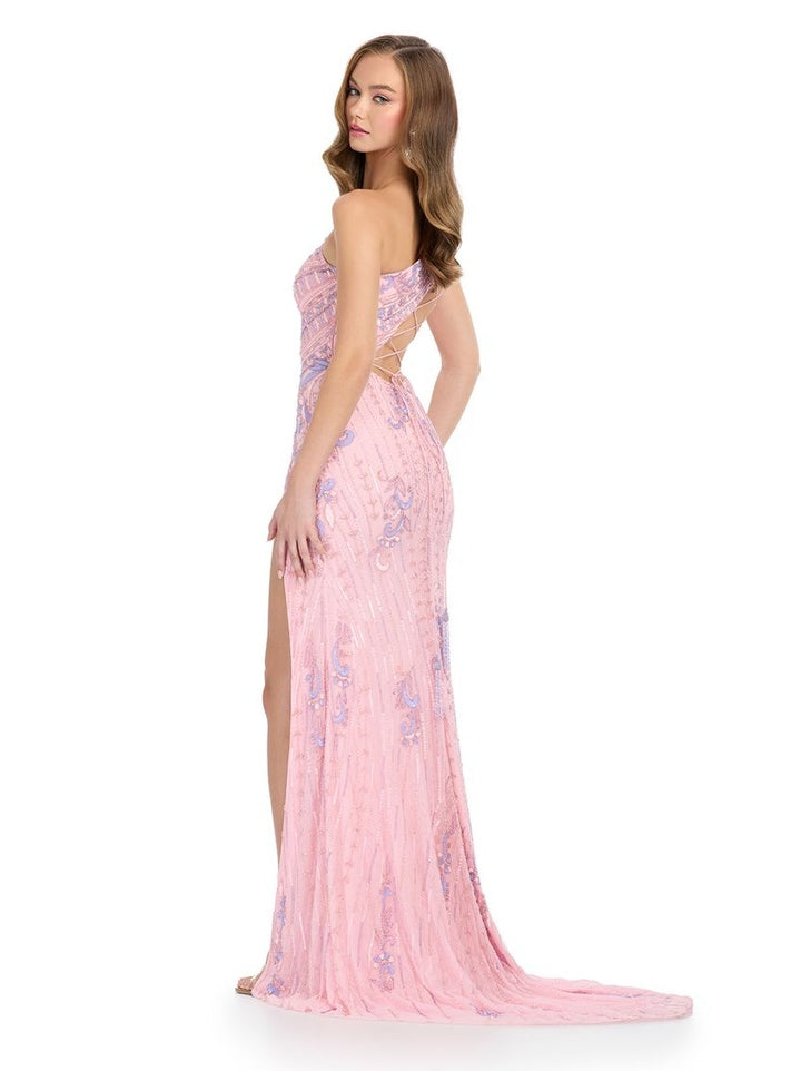 Fully Beaded One Shoulder Gown with Asymmetrical Lace Up Back