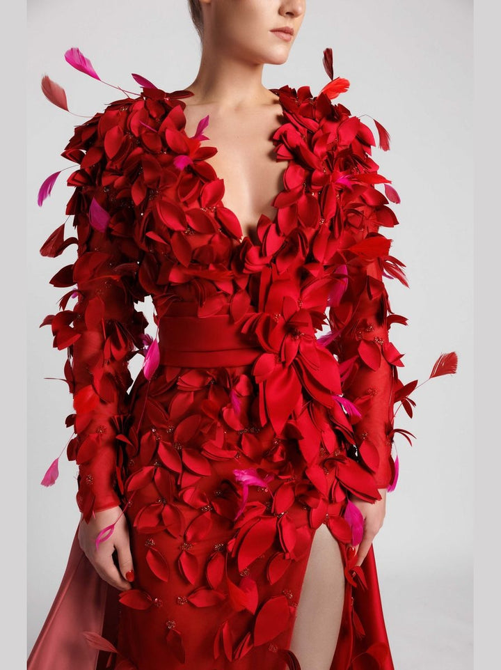 Embroidered Evening Dress with Waist Belt and Flowing Overskirt