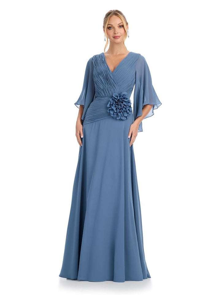 Chiffon Gown with Cape Sleeves & V Neckline