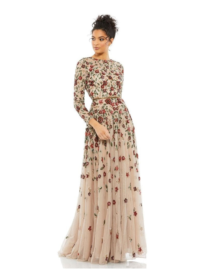 Embellished High Neck Long Sleeve A Line Gown