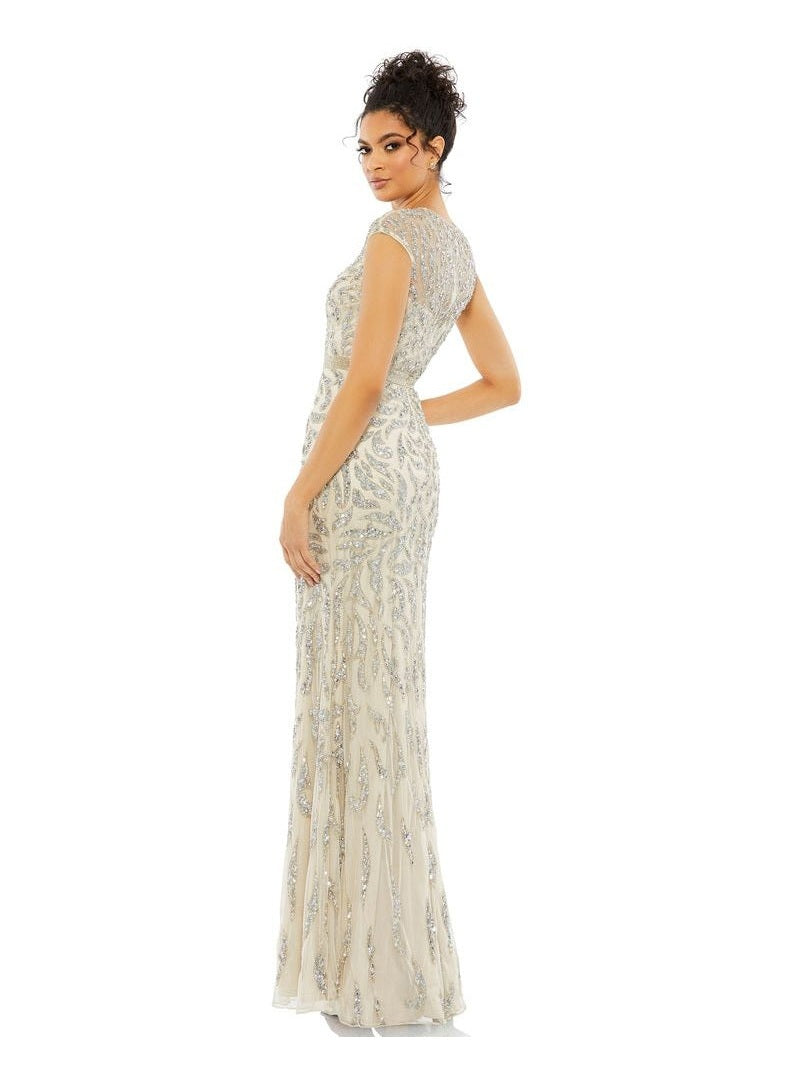 Embellished Illusion Cap Sleeve Column Gown