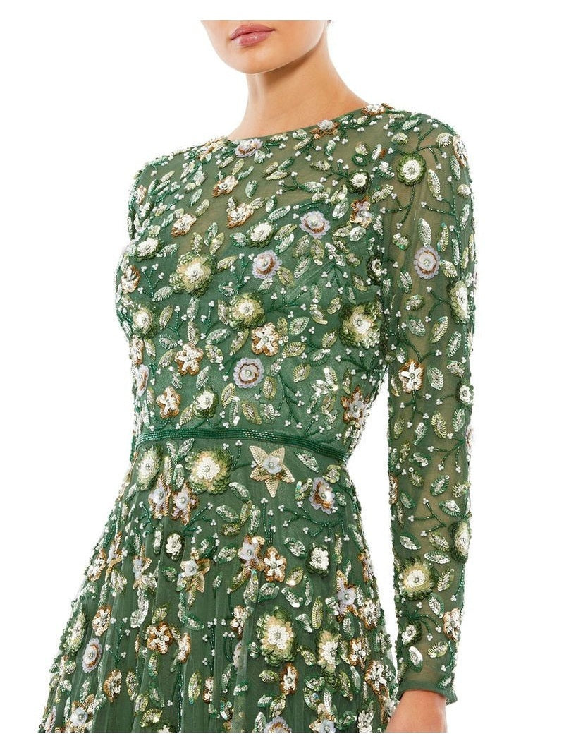 Embellished High Neck Long Sleeve A Line Gown