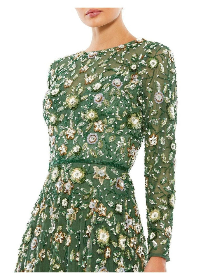 Embellished High Neck Long Sleeve A Line Gown
