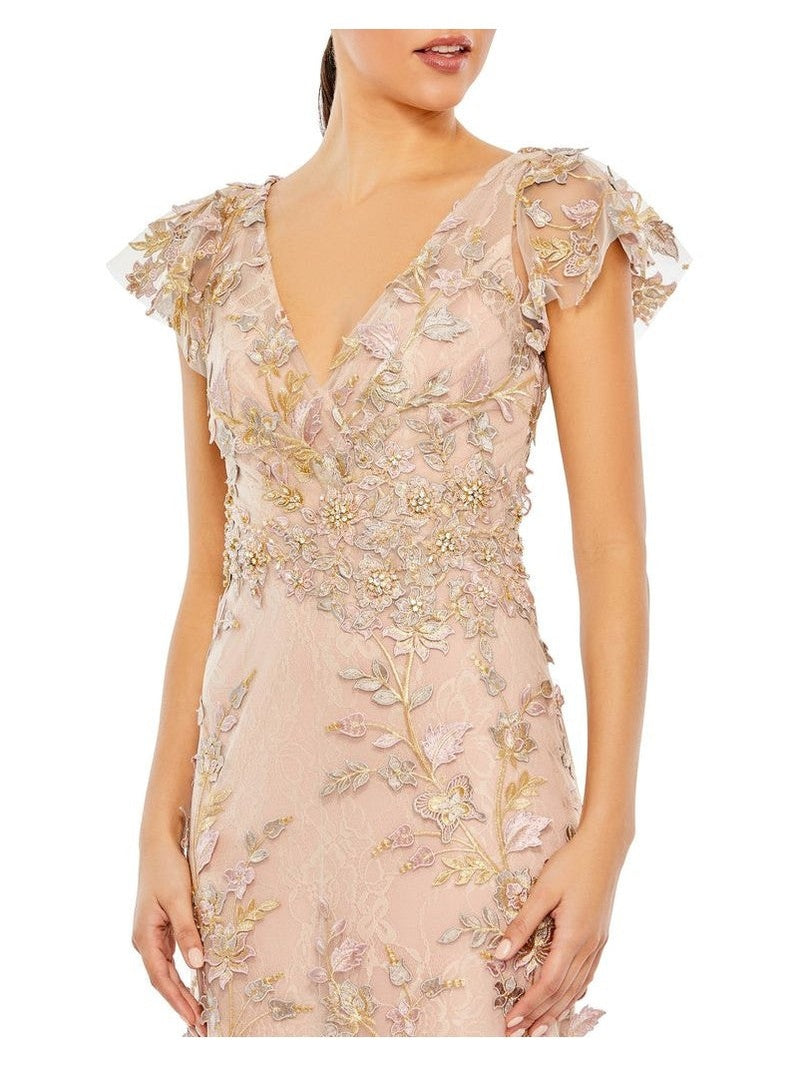 Embroidered Applique Wrap Over Flutter Sleeve Gown