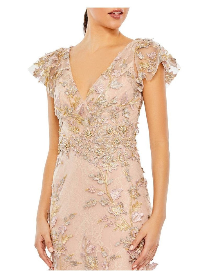 Embroidered Applique Wrap Over Flutter Sleeve Gown