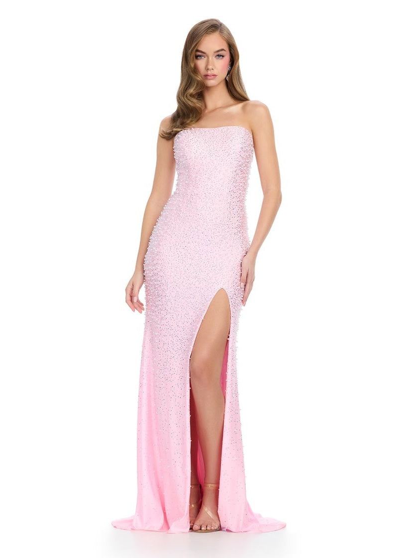 Strapless Fitted Gown with Pearl Beading & Leg Slit
