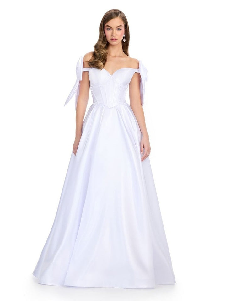 Satin A-Line Gown with Corset Bustier & Off Shoulder Bows