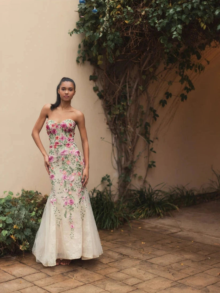 Strapless Sheer Bustier Embroidered Mermaid Gown