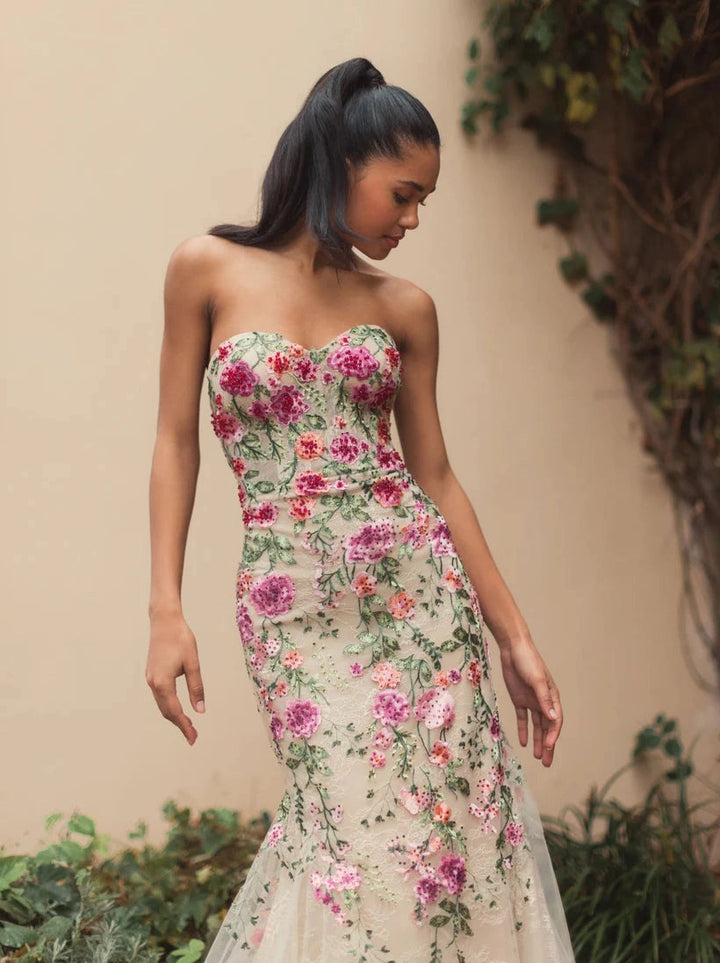 Strapless Sheer Bustier Embroidered Mermaid Gown