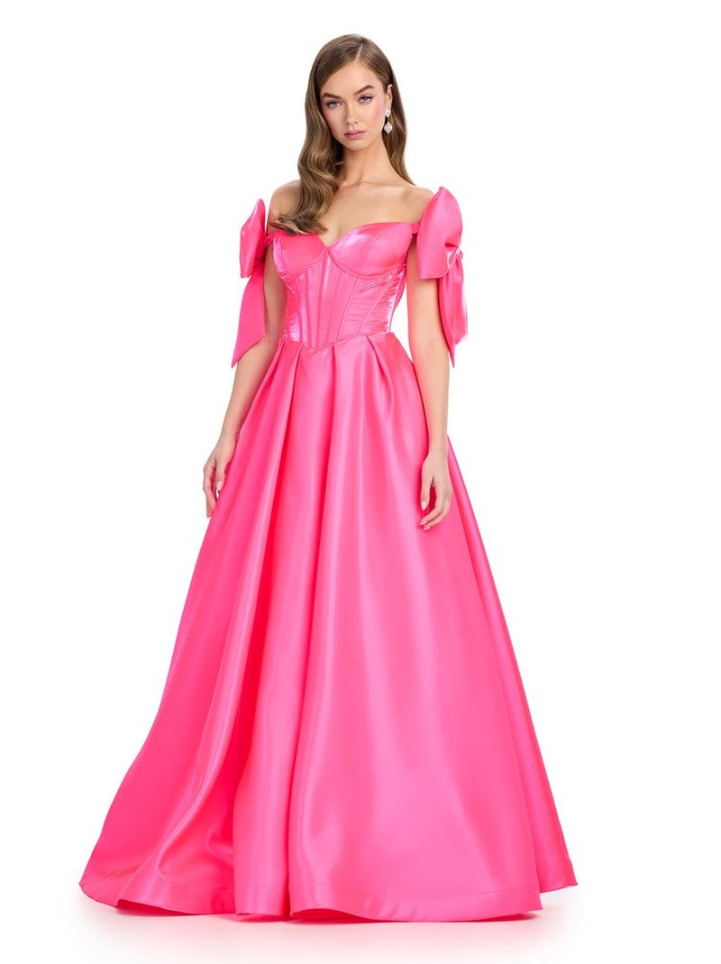 Satin A-Line Gown with Corset Bustier & Off Shoulder Bows