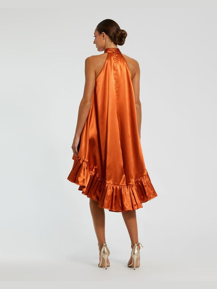 Orange High Neck Satin Mini Dress With Keyhole