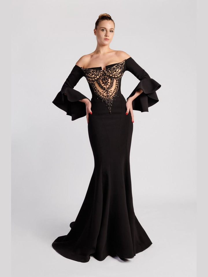 Off-the-Shoulder Mermaid Evening Dress with Flared Cuffs and Nude Embroidered Bust