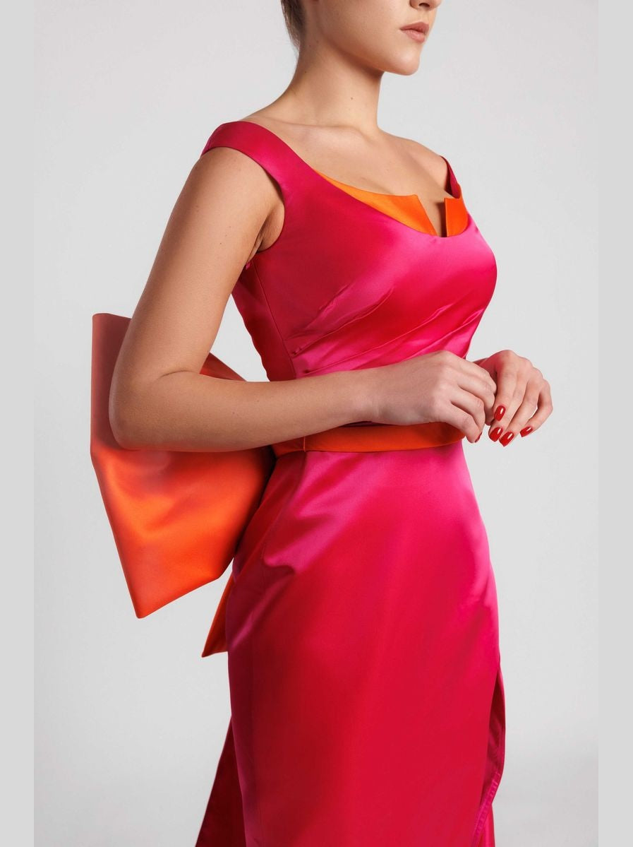 Off-the-Shoulder Evening Dress with Waist Bow and Front Slit