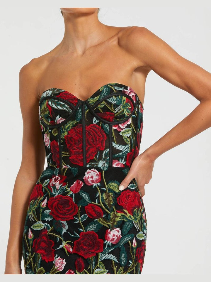 Sheer Bustier Top Floral Applique Gown