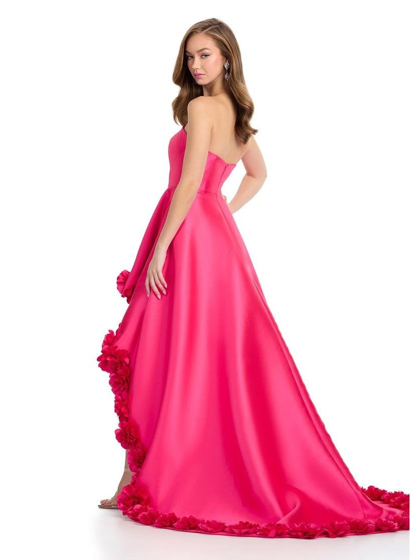 Strapless Rose Adorned High Low Gown