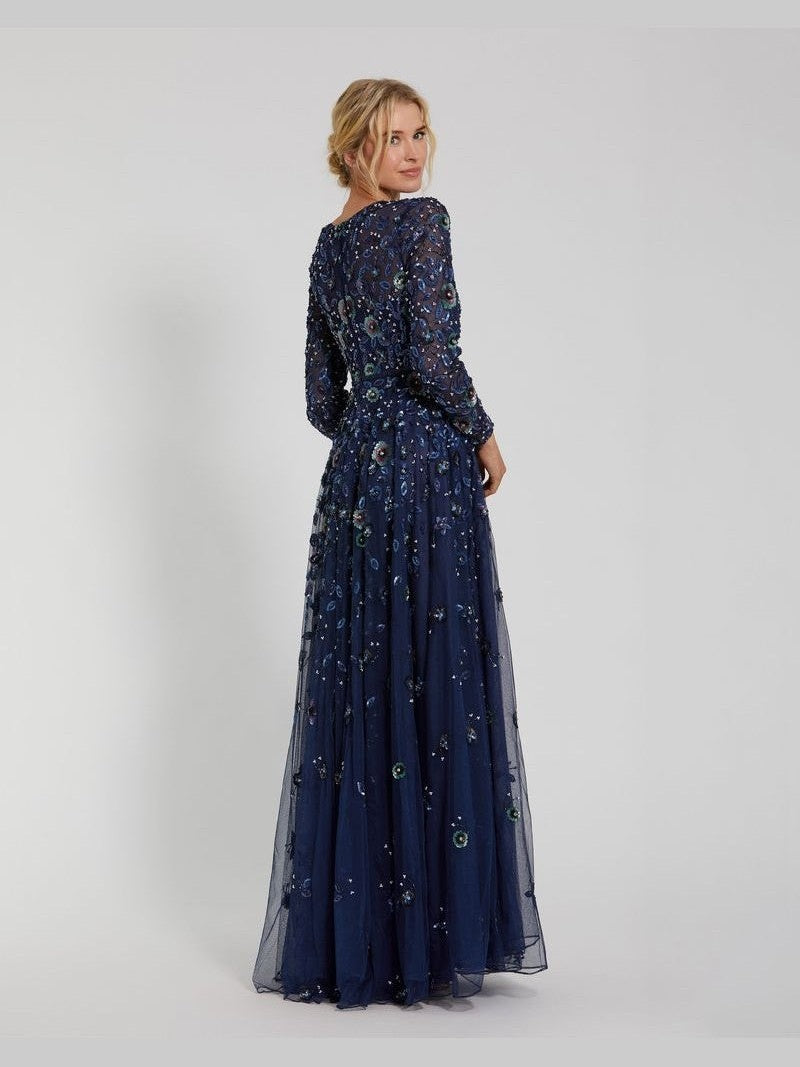 Embellished High Neck Long Sleeve A Line Gown