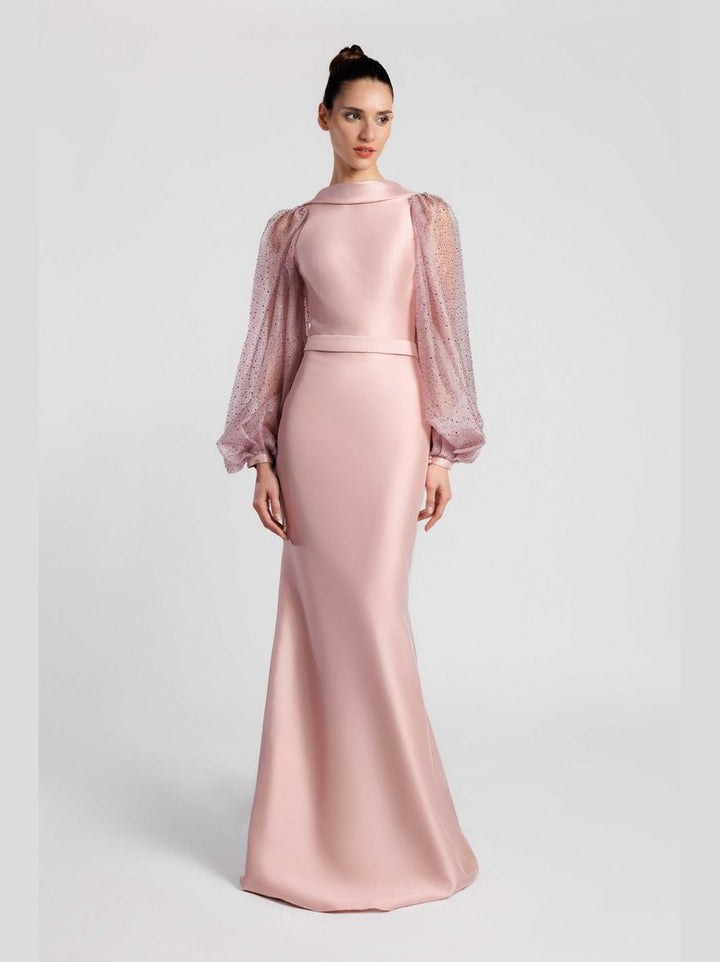 Mermaid Dress with Crystal-Embroidered Bishop Sleeves