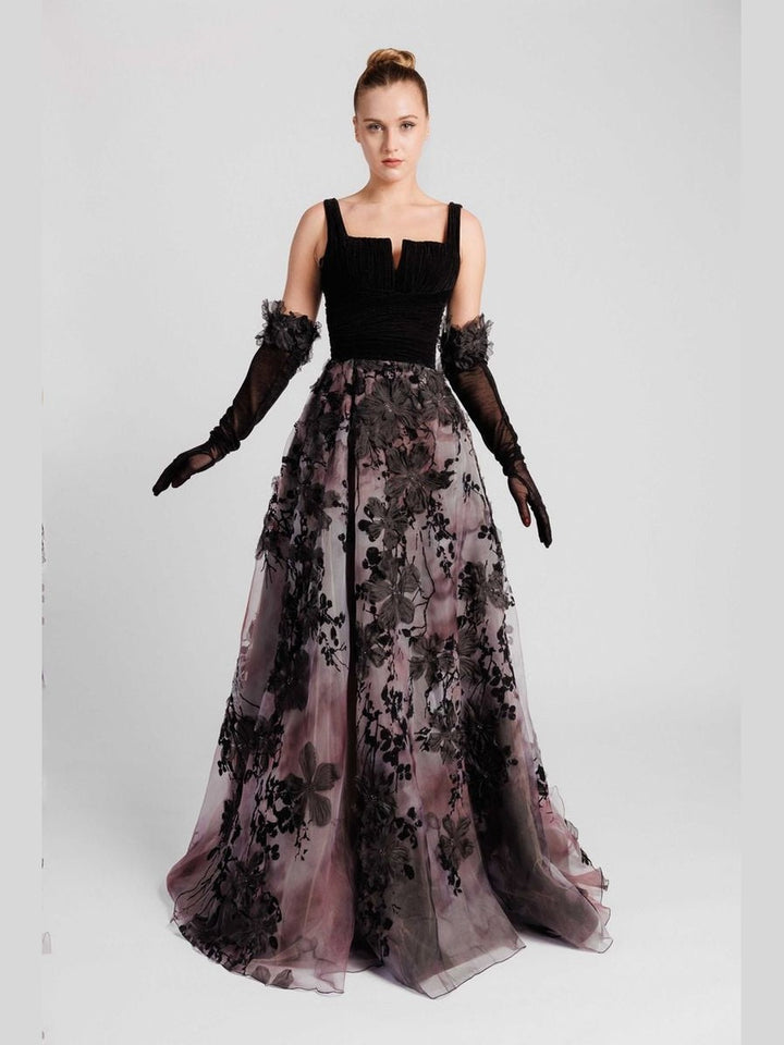 A-Line Evening Dress with Straight Neckline, Velvet Bodice, Embroidered Skirt and Gloves
