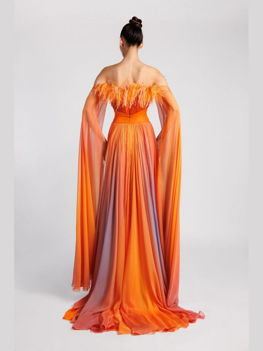 Pleated Off-the-Shoulder Evening Dress with Cape Sleeves and Feathers