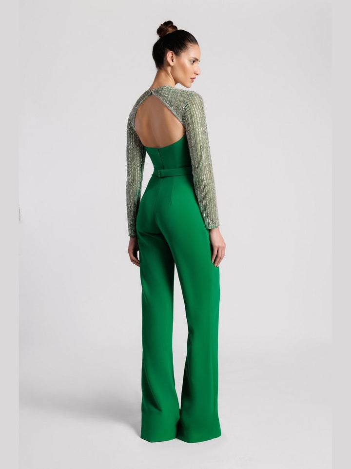 Embroidered Jumpsuit with Flared Pants and Semi-Open Back