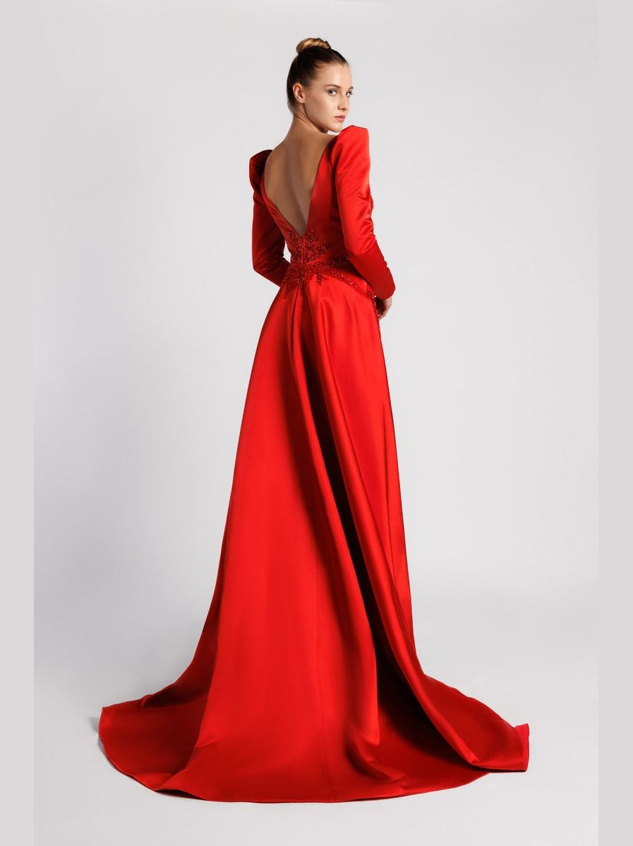 Long-Sleeve Evening Gown with Sequins Beading