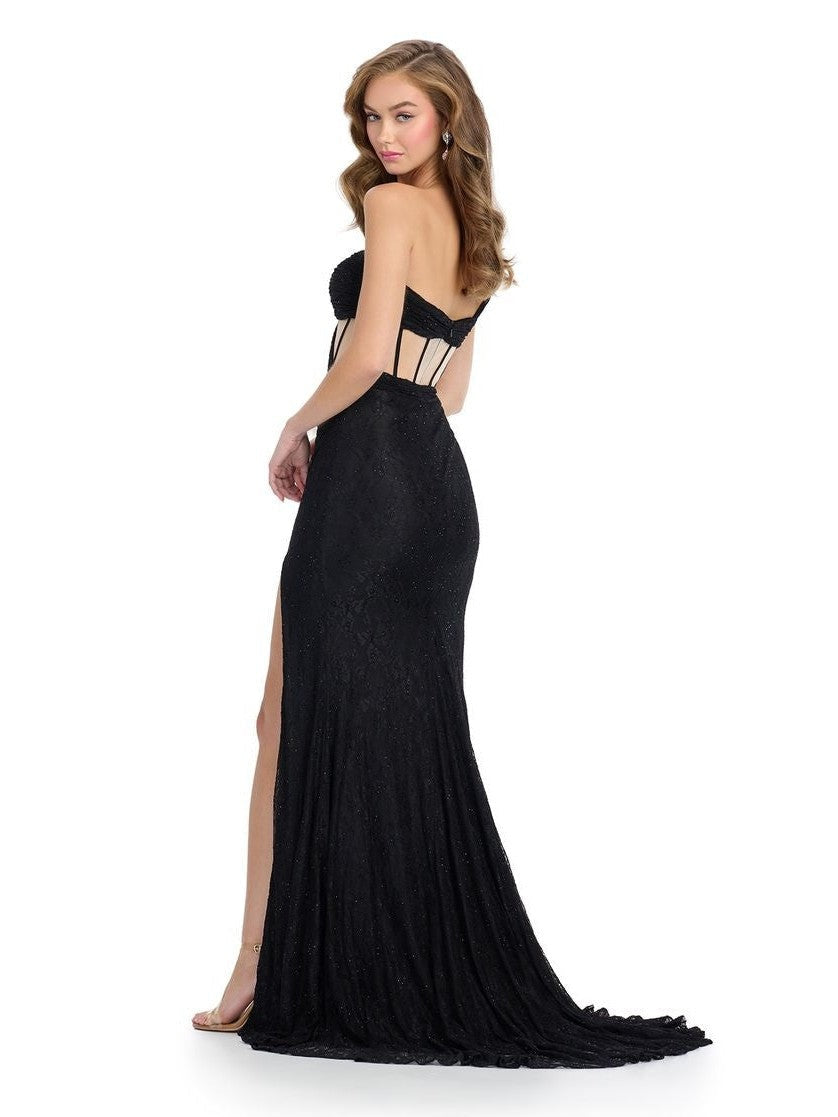 Lace Gown with One Shoulder & Corset Bustier