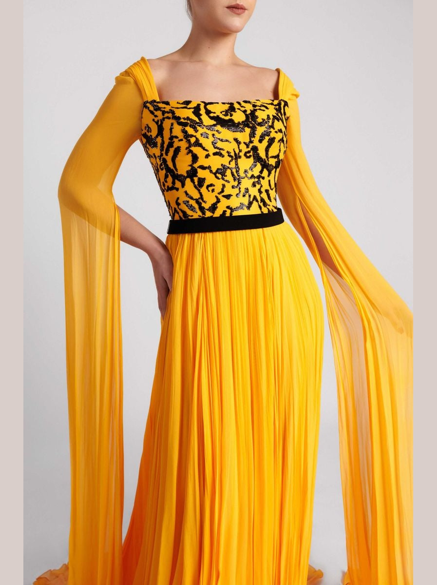 A-Line Evening Dress with Beaded Bodice and Cape Sleeves