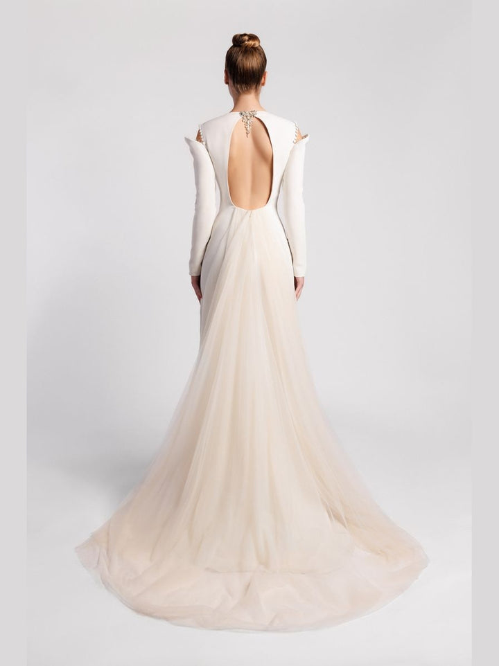 Long-Sleeved Evening Dress with Embellished Bodice, Side Slit Skirt and Overskirt