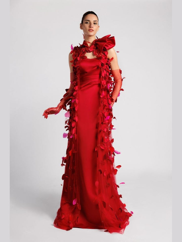 Strapless Mermaid Evening Dress with Draped Petal Kaftan and Tulle Gloves