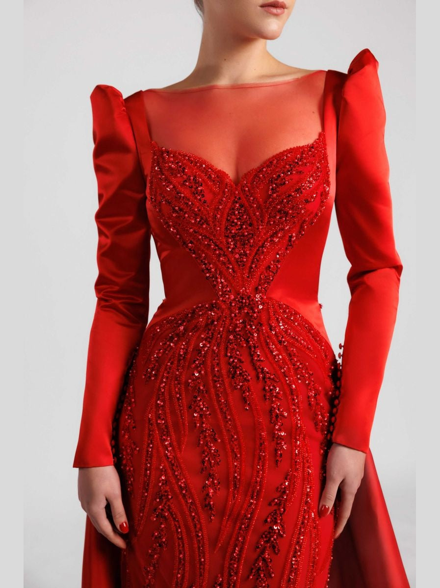 Long-Sleeve Evening Gown with Sequins Beading