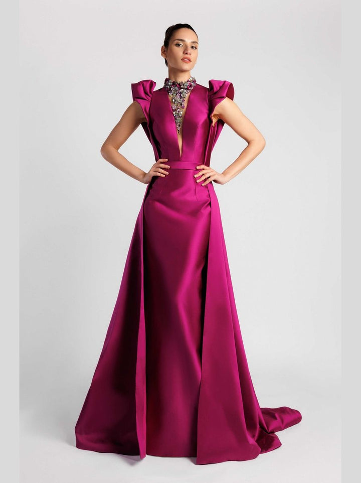 Plunging V-Neck Evening Dress with Ruffled Sleeves and Overskirt