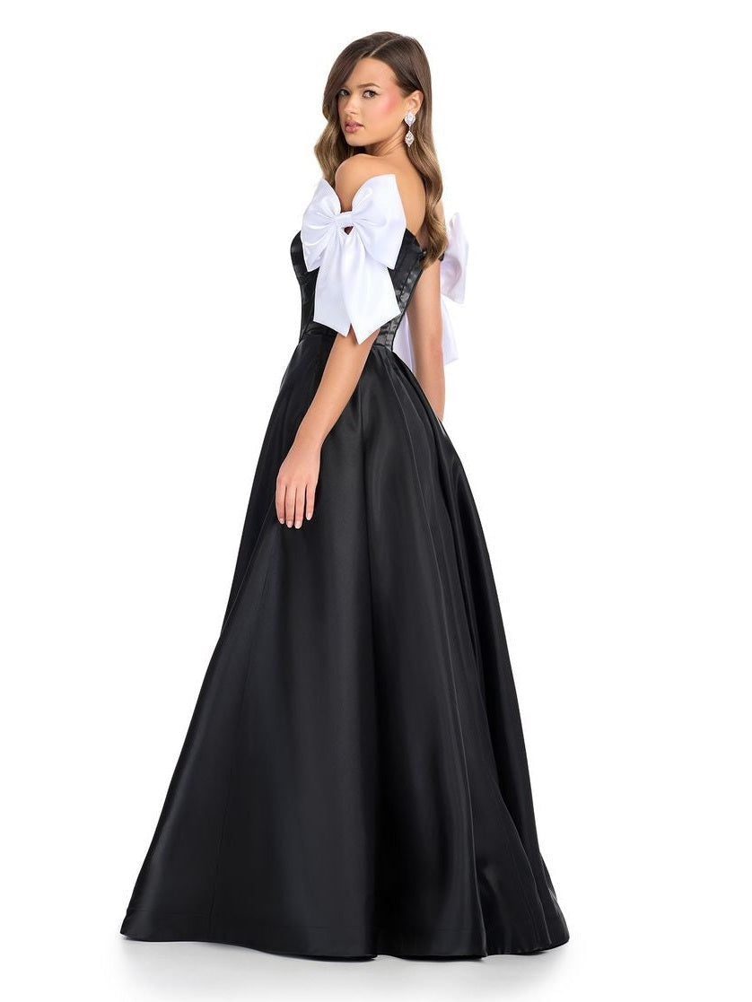 Satin A-Line Gown with Corset Bustier & Off Shoulder Bows