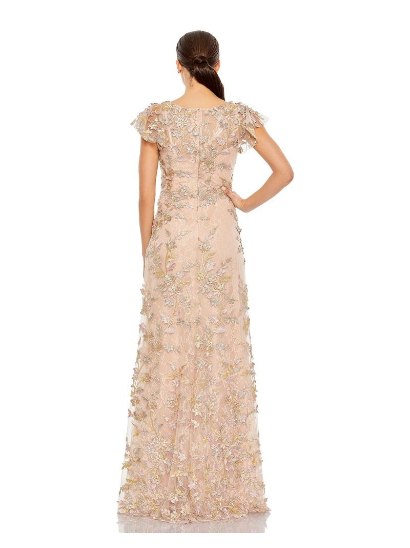 Embroidered Applique Wrap Over Flutter Sleeve Gown