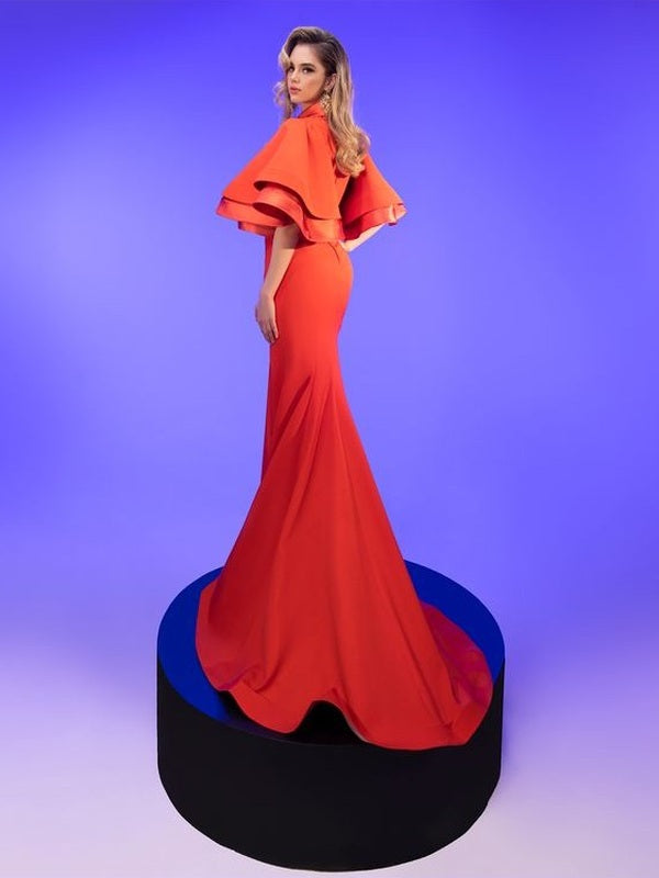 Trumpet Sleeves Cut Out Crepe Gown
