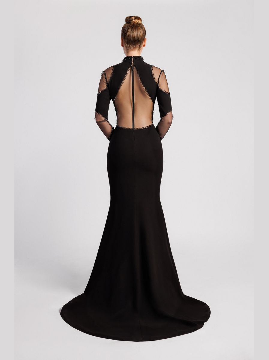 Mermaid Evening Dress with V Neckline and Button Details