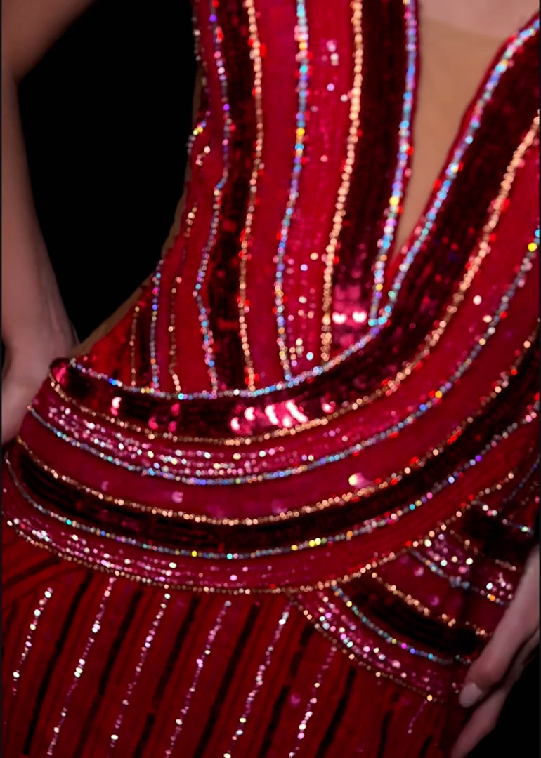 Fully Beaded Gown with V-Neckline & V-Back