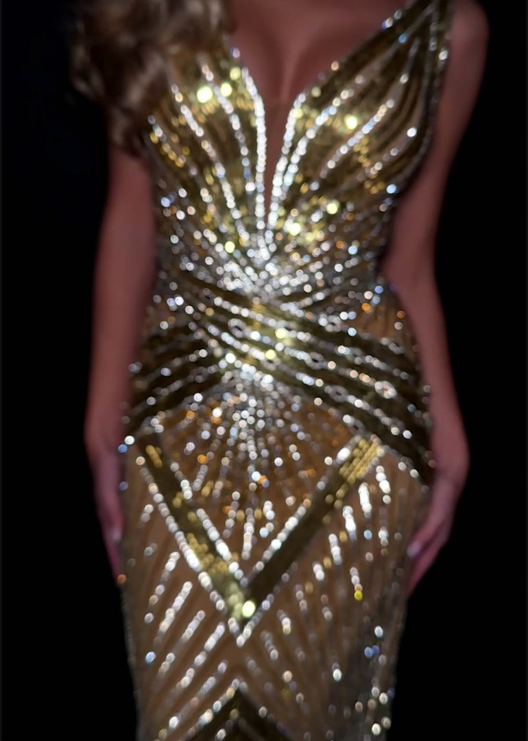 Fully Beaded V-Neckline Gown