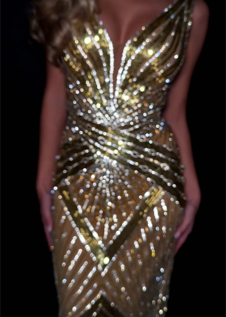 Fully Beaded V-Neckline Gown