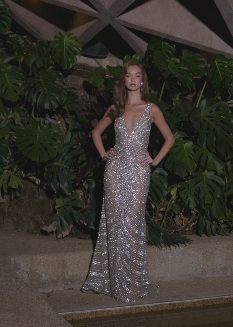 Fully Beaded Gown with V-Neckline