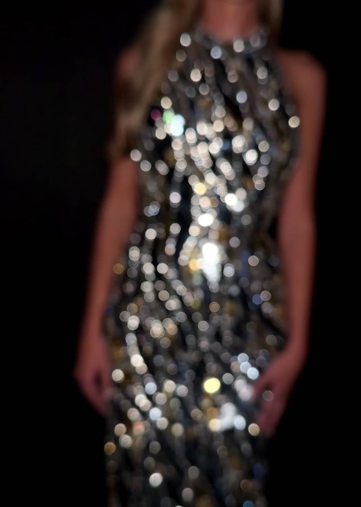 Fully Beaded Mid-Length Dress with Halter Neckline & Open Back
