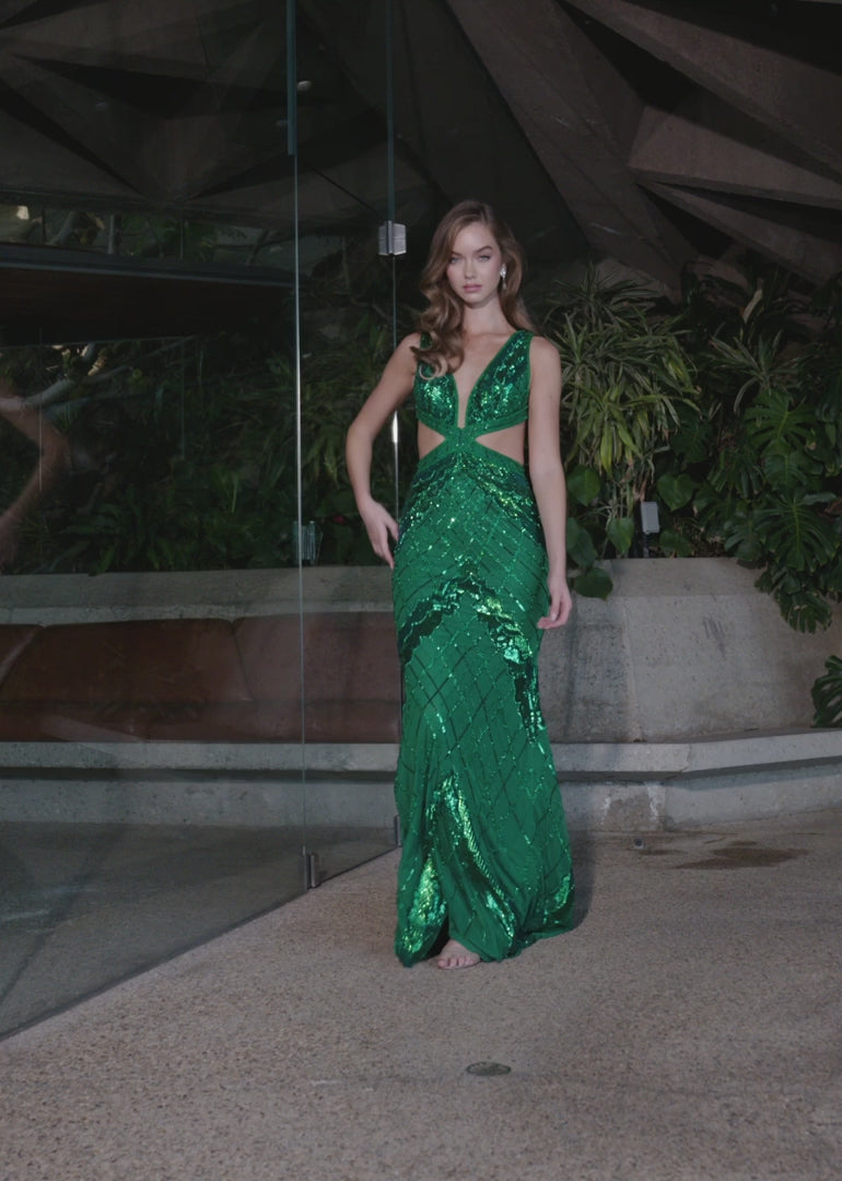 Fully Beaded Gown with V-Neckline & Lace Up Back