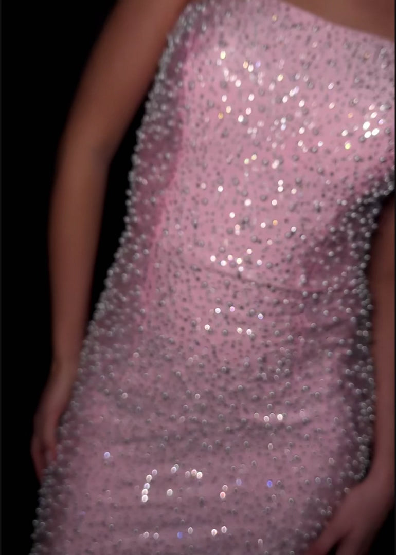 Strapless Fitted Gown with Pearl Beading & Leg Slit